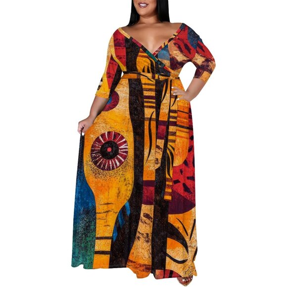 Plus Size Maxi Dress V-Neck 3/4 Sleeves Belt Floor Length Casual Formal - Picture 1 of 6